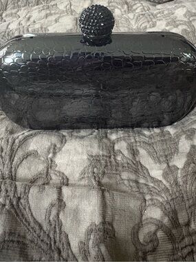 Black Croc-Embossed Minaudierre Evening Clutch with Crystal Sphere Clasp